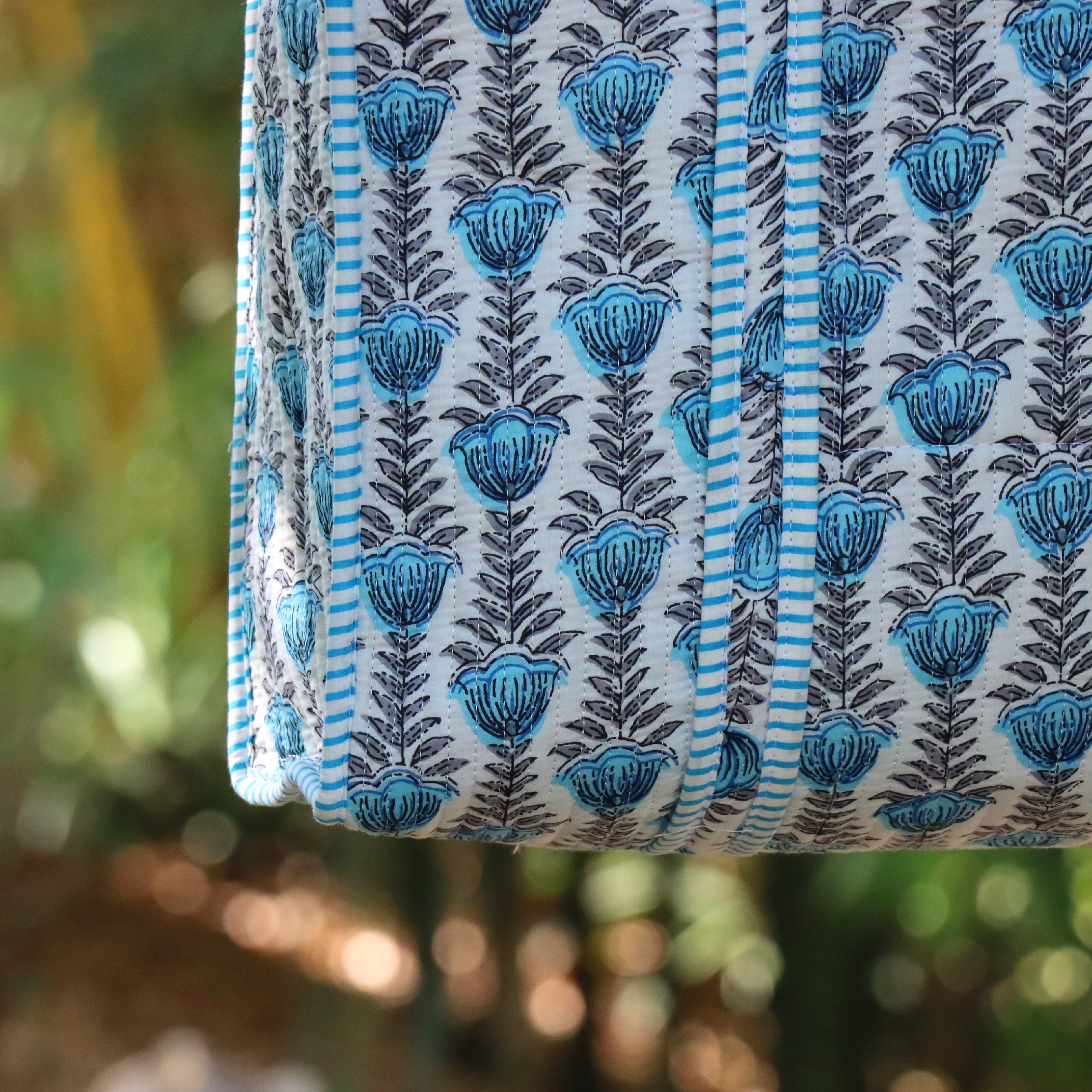 Blue Floral Block Print Tote Bag – Handmade Cotton Quilted Shoulder Bag, Boho Reusable Shopping Bag, Everyday Eco Friendly Tote