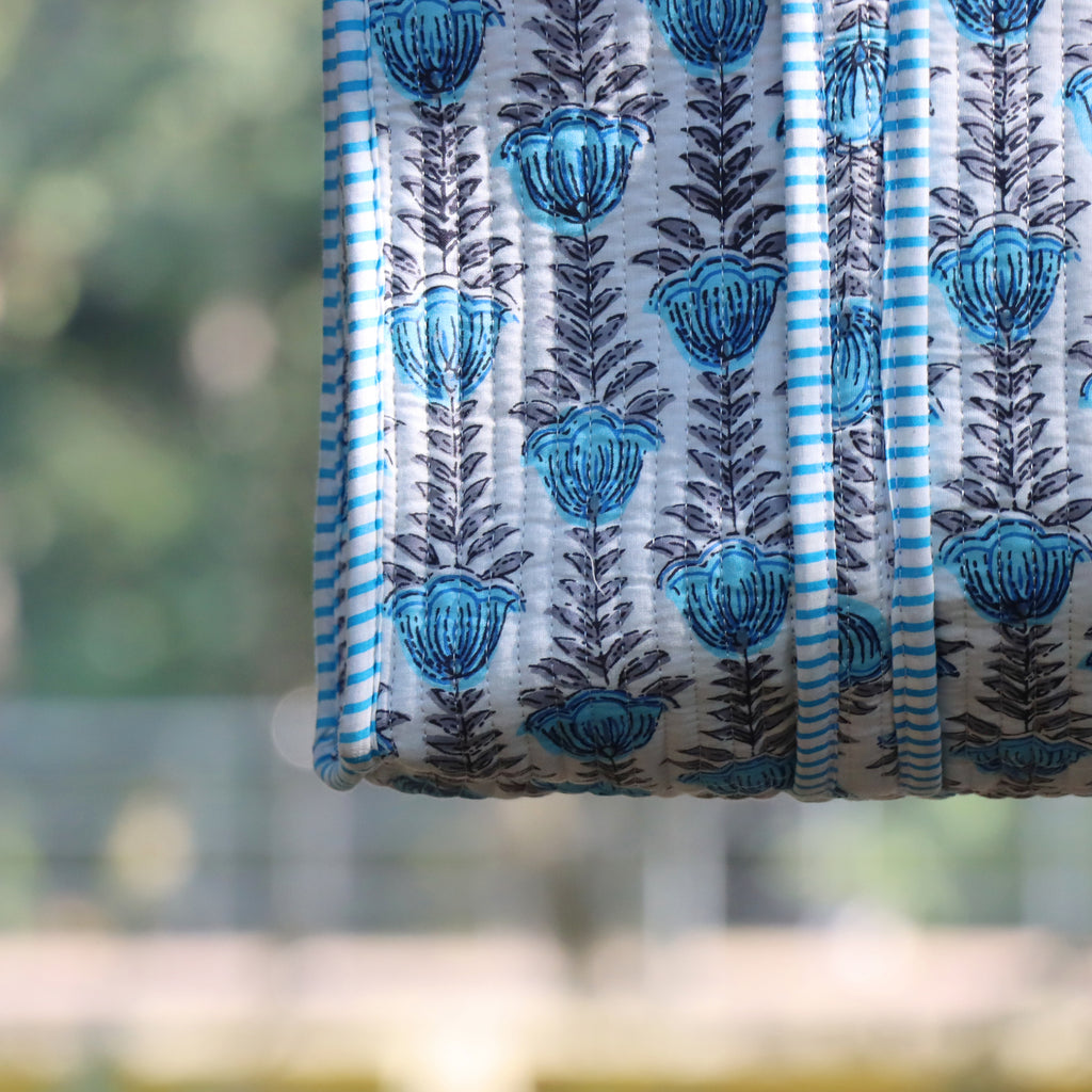 Blue Floral Block Print Tote Bag – Handmade Cotton Quilted Shoulder Bag, Boho Reusable Shopping Bag, Everyday Eco Friendly Tote
