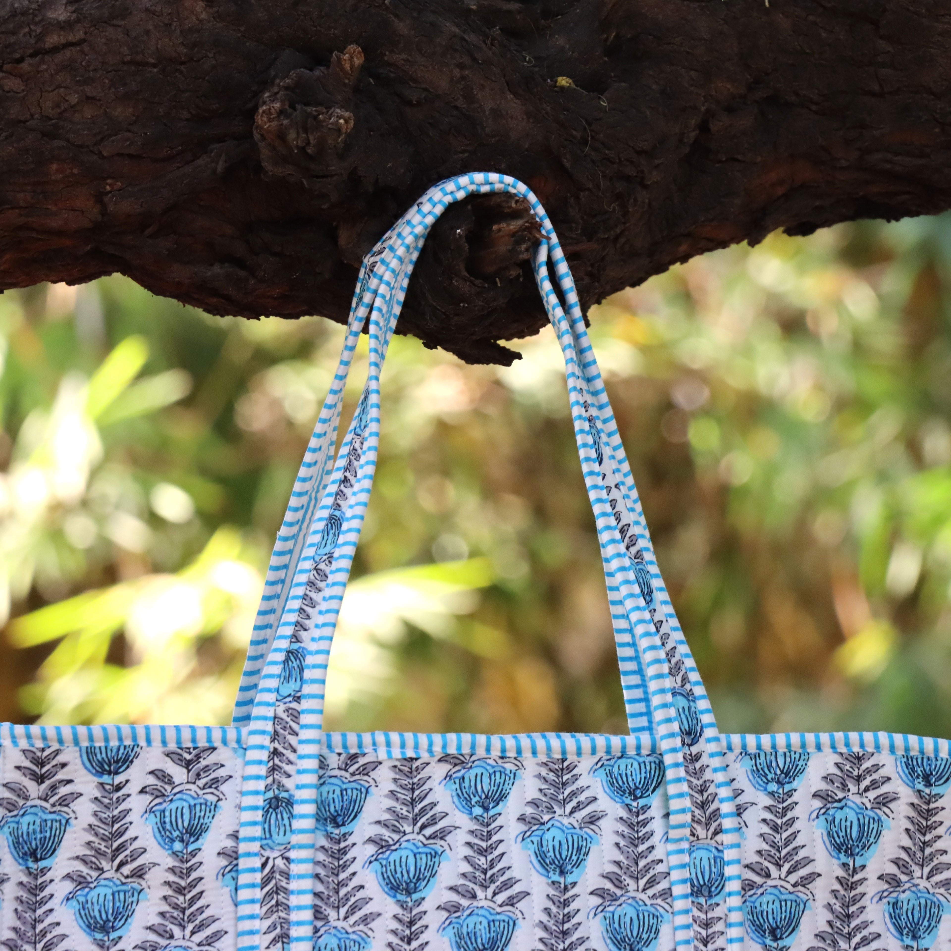 Blue Floral Block Print Tote Bag – Handmade Cotton Quilted Shoulder Bag, Boho Reusable Shopping Bag, Everyday Eco Friendly Tote