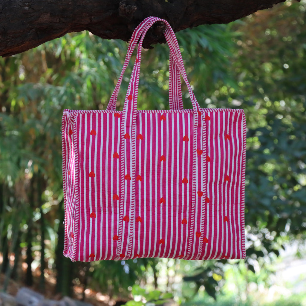Pink Striped Heart Tote Bag, Quilted Cotton Shoulder Bag, Handmade Boho Carryall, Cute Everyday Shopping Tote, Gift for Her