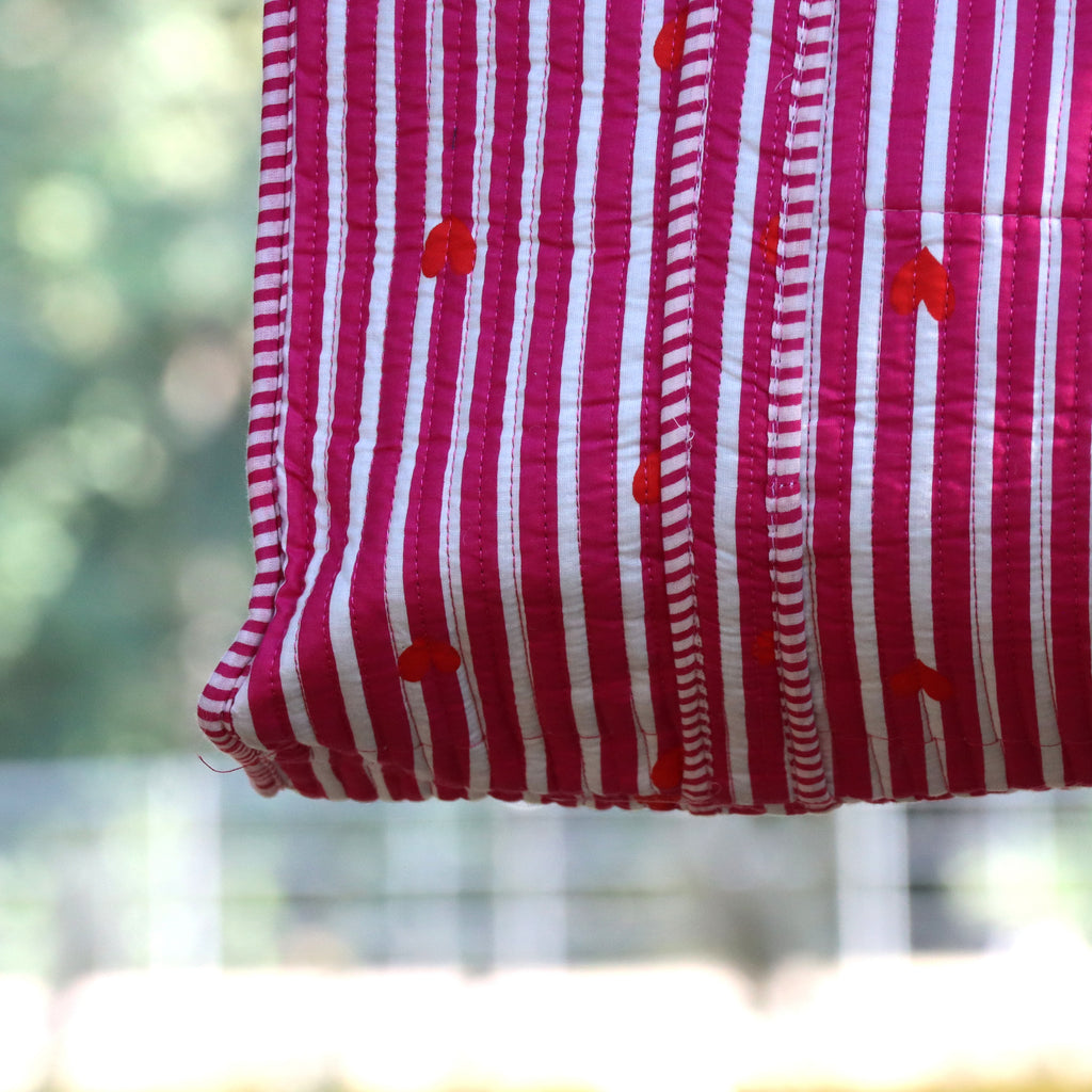 Pink Striped Heart Tote Bag, Quilted Cotton Shoulder Bag, Handmade Boho Carryall, Cute Everyday Shopping Tote, Gift for Her