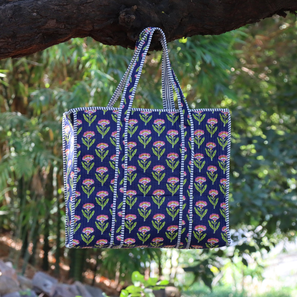 Floral Quilted Tote Bag Navy Blue, Handmade Cotton Carryall, Boho Shoulder Bag, Everyday Shopping Tote