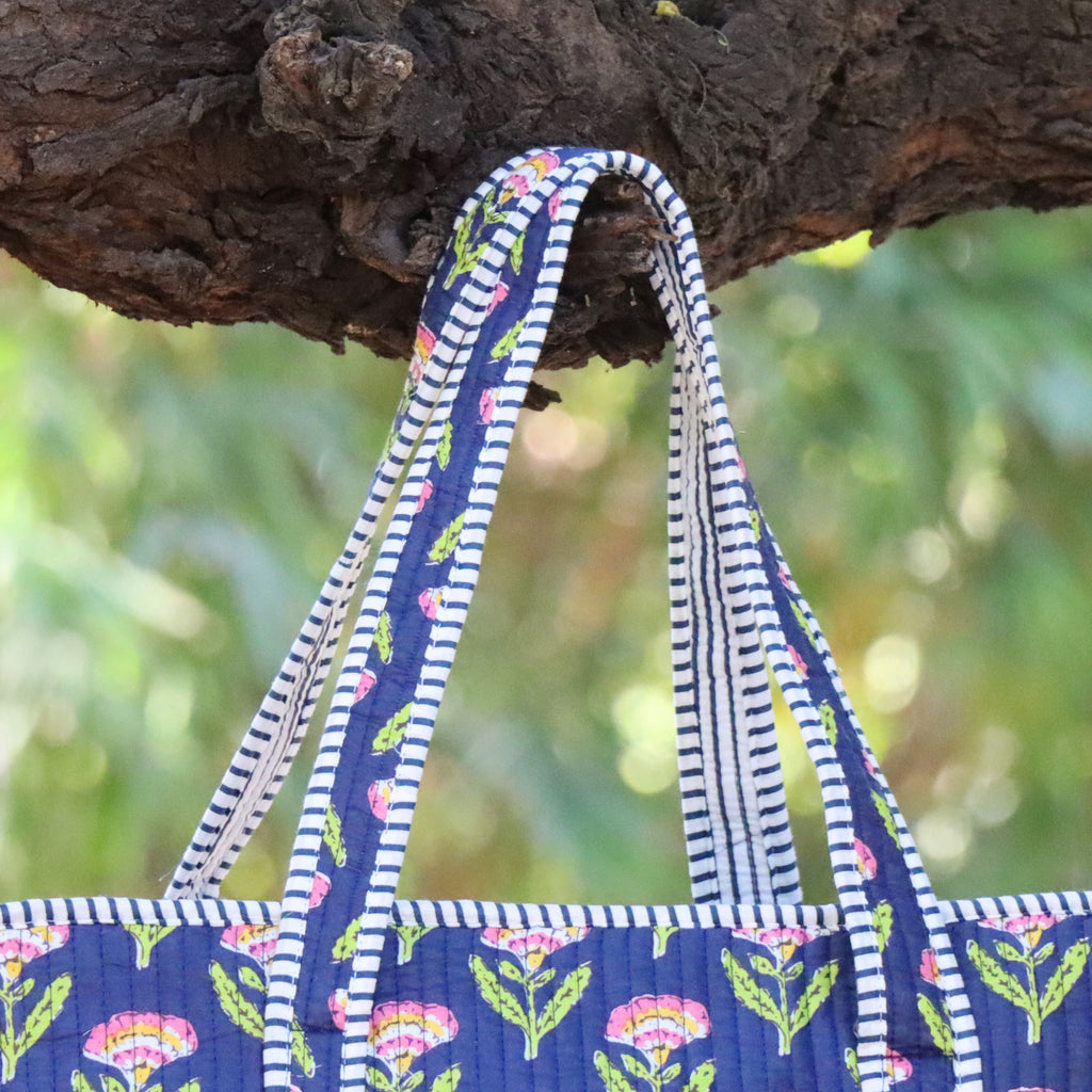 Floral Quilted Tote Bag Navy Blue, Handmade Cotton Carryall, Boho Shoulder Bag, Everyday Shopping Tote