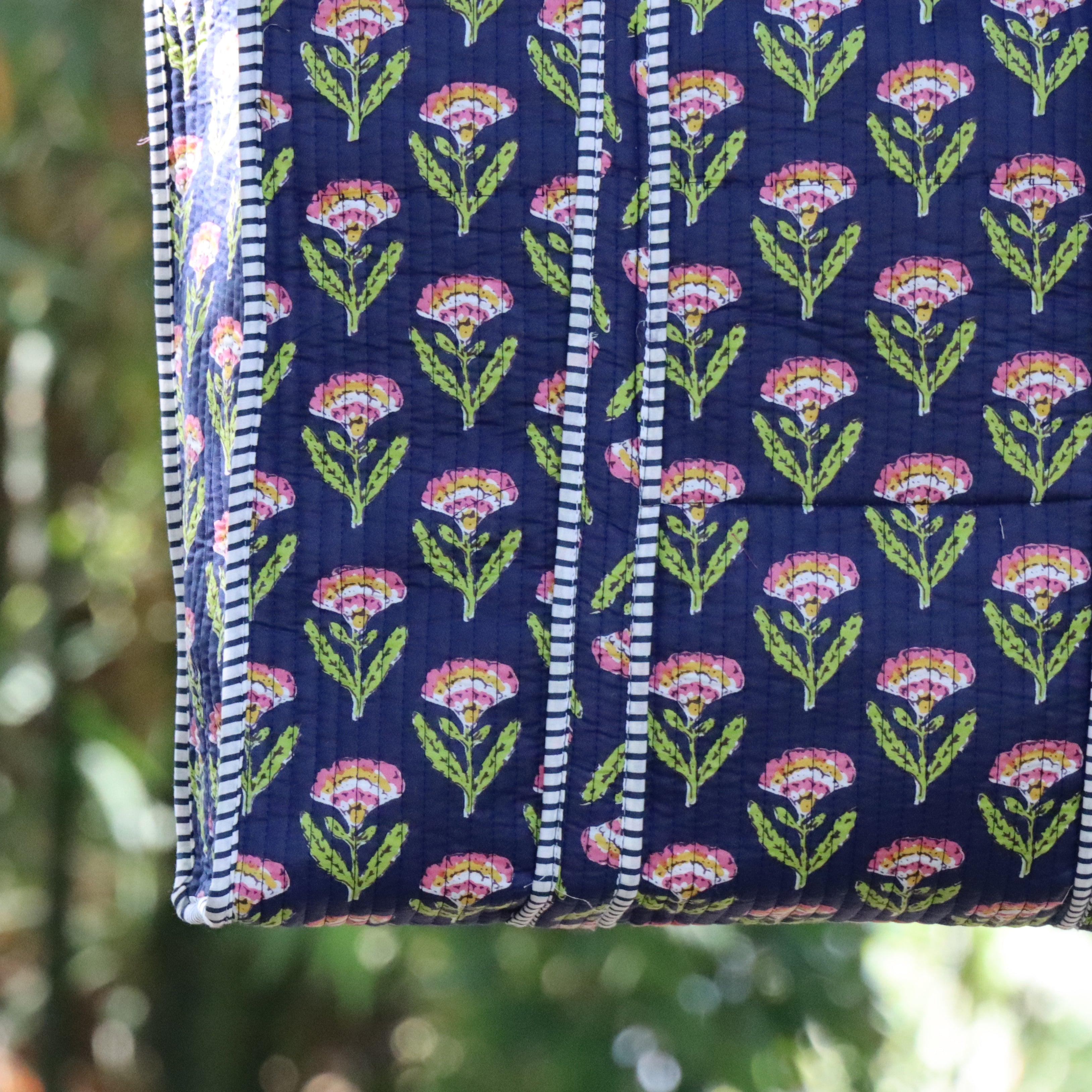 Floral Quilted Tote Bag Navy Blue, Handmade Cotton Carryall, Boho Shoulder Bag, Everyday Shopping Tote