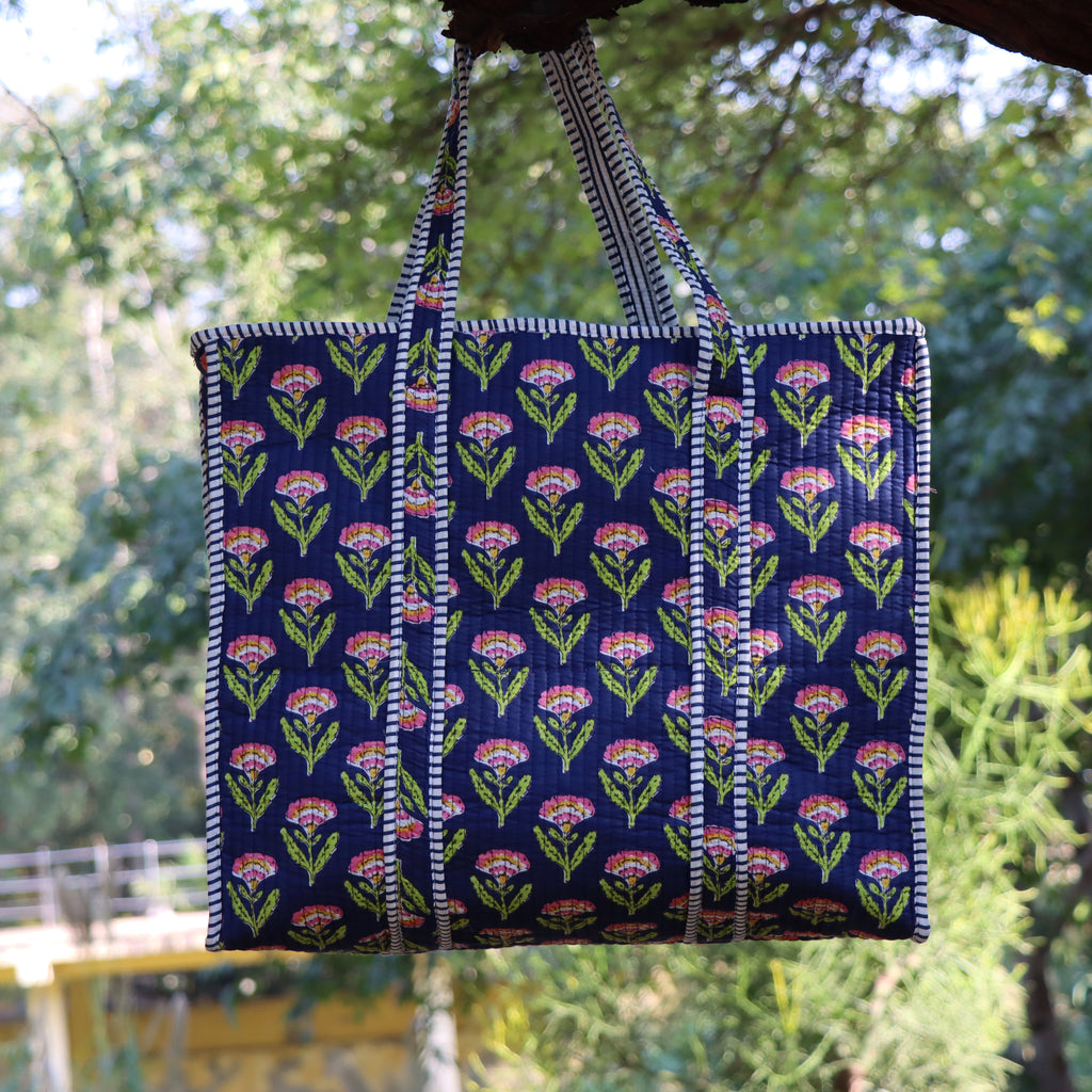 Floral Quilted Tote Bag Navy Blue, Handmade Cotton Carryall, Boho Shoulder Bag, Everyday Shopping Tote