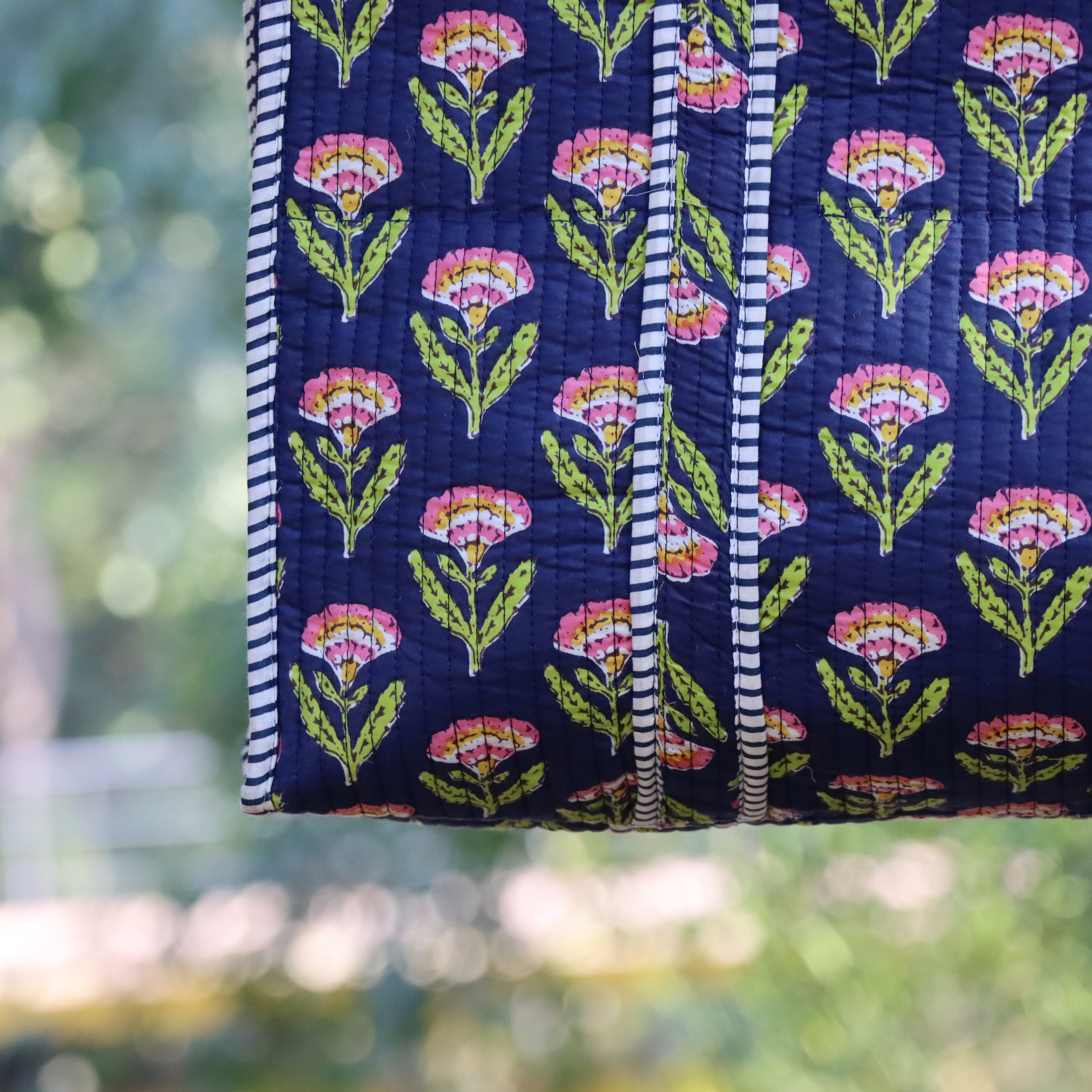 Floral Quilted Tote Bag Navy Blue, Handmade Cotton Carryall, Boho Shoulder Bag, Everyday Shopping Tote
