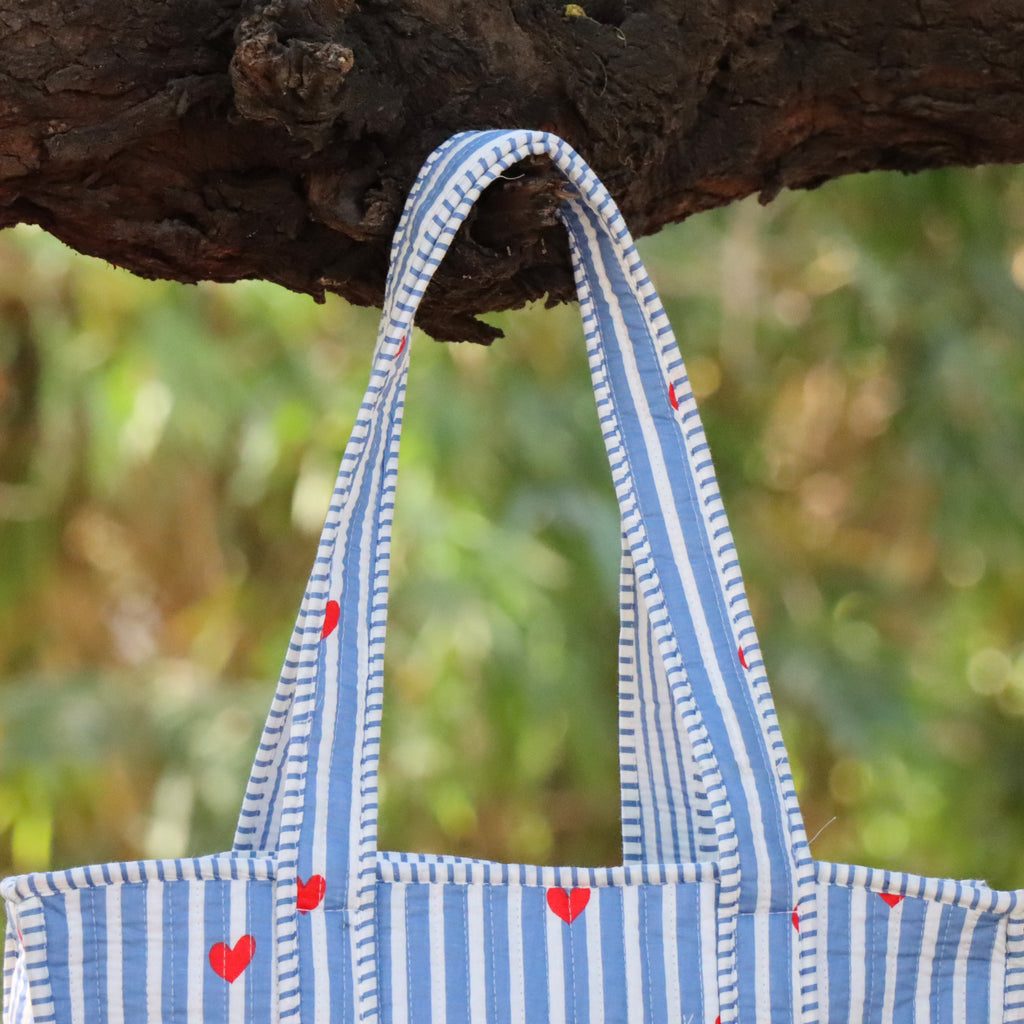 Blue & White Striped Red Heart Tote Bag, Quilted Cotton Shoulder Bag, Handmade Everyday Carryall, Cute Shopping Tote, Gift for Her