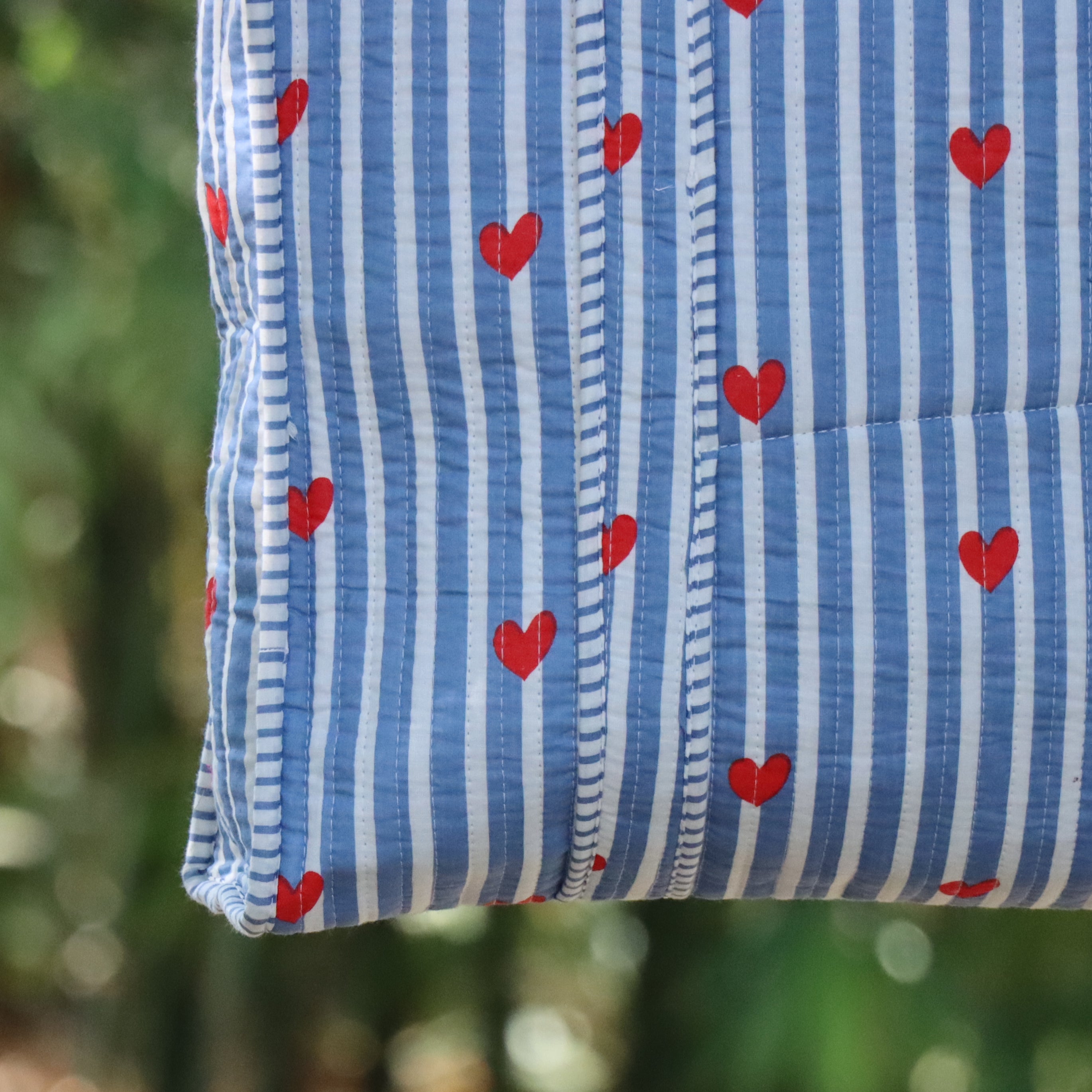 Blue & White Striped Red Heart Tote Bag, Quilted Cotton Shoulder Bag, Handmade Everyday Carryall, Cute Shopping Tote, Gift for Her