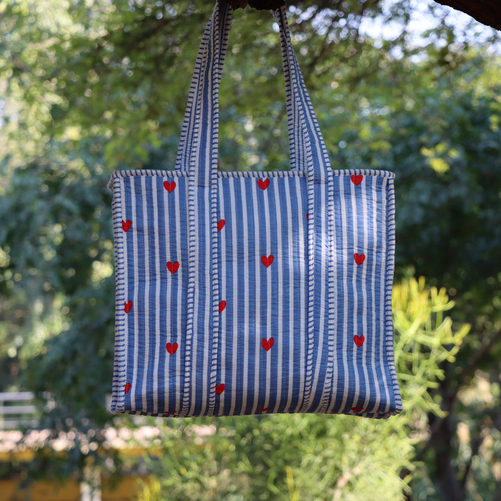 Blue & White Striped Red Heart Tote Bag, Quilted Cotton Shoulder Bag, Handmade Everyday Carryall, Cute Shopping Tote, Gift for Her