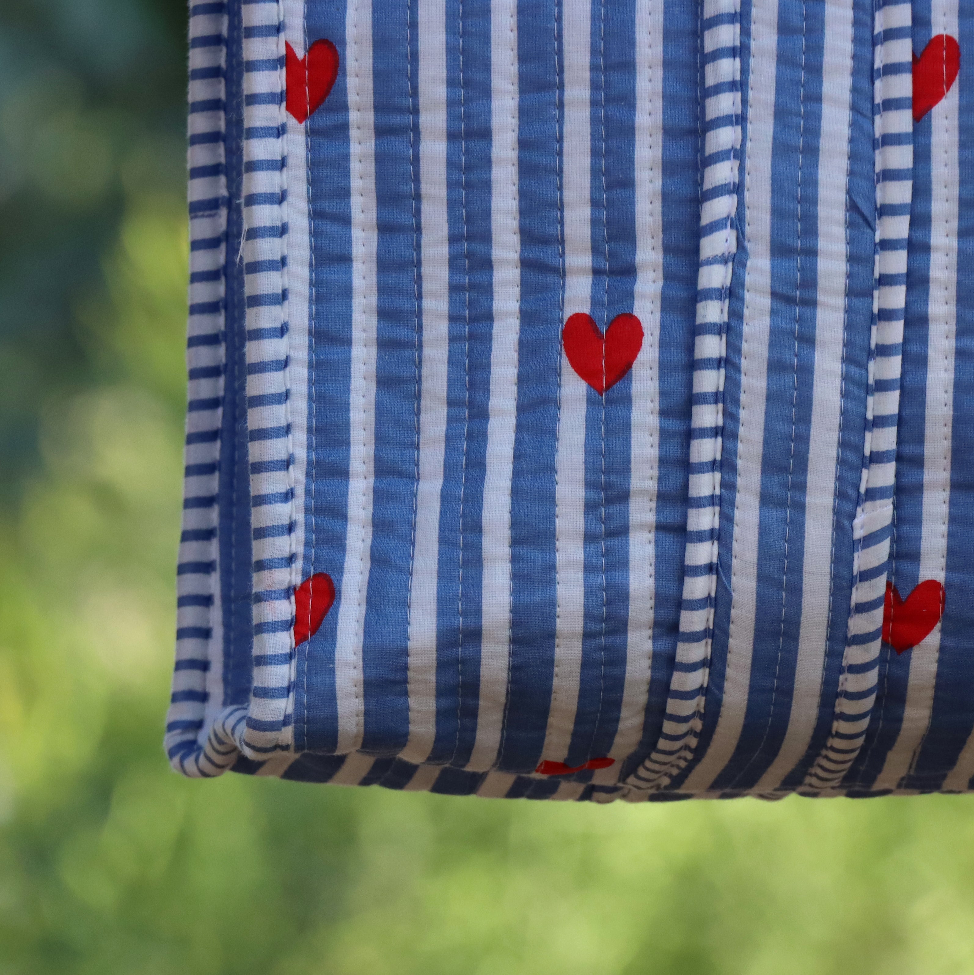Blue & White Striped Red Heart Tote Bag, Quilted Cotton Shoulder Bag, Handmade Everyday Carryall, Cute Shopping Tote, Gift for Her
