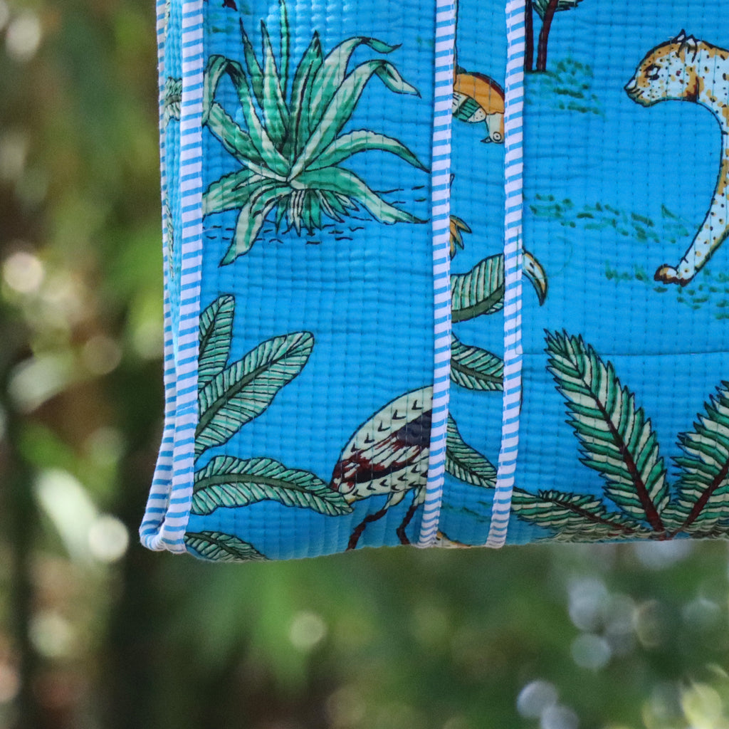 Blue Jungle Print Tote Bag | Cotton Handmade Carry Bag | Leopard & Tropical Design Shoulder Bag | Eco-Friendly Everyday Tote
