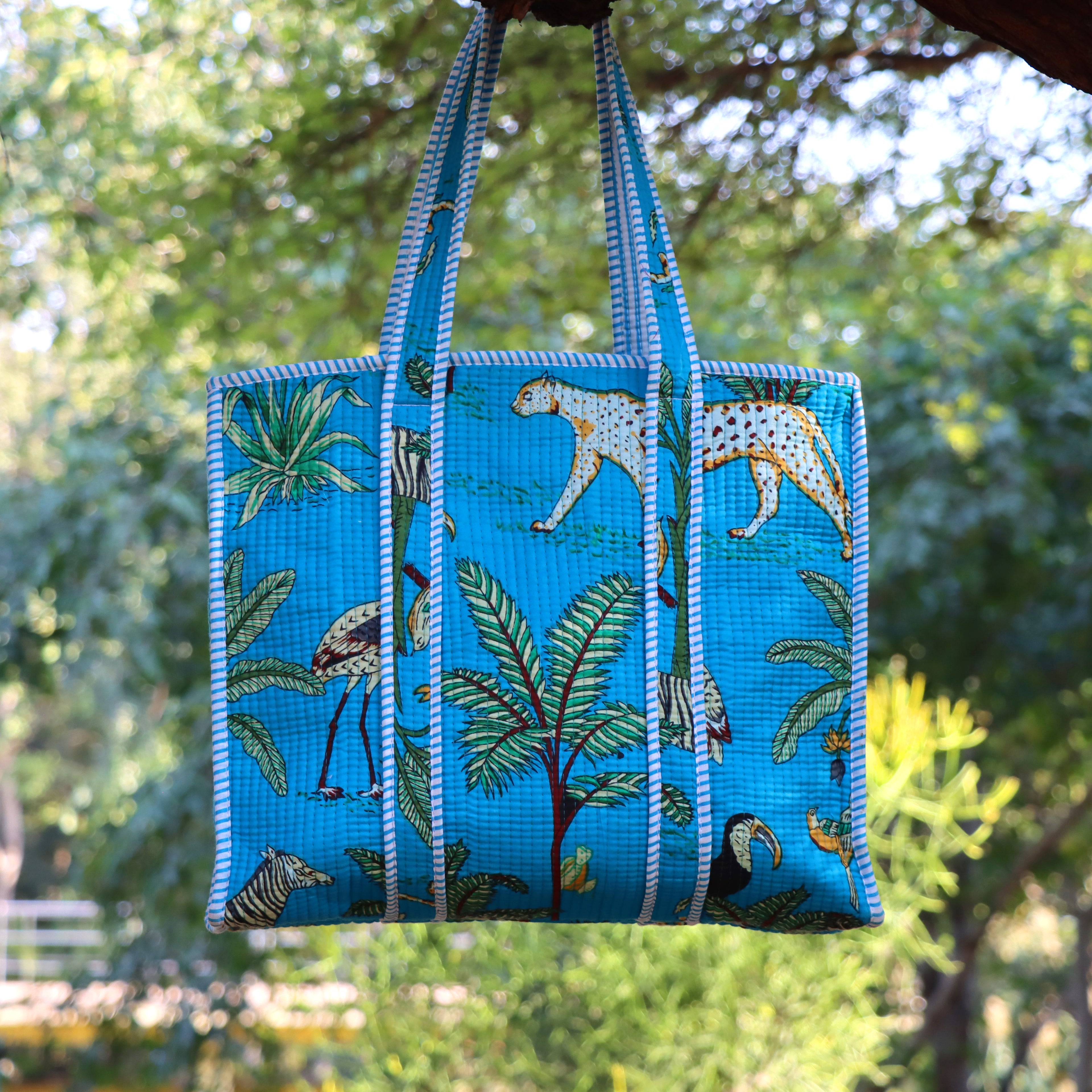 Blue Jungle Print Tote Bag | Cotton Handmade Carry Bag | Leopard & Tropical Design Shoulder Bag | Eco-Friendly Everyday Tote