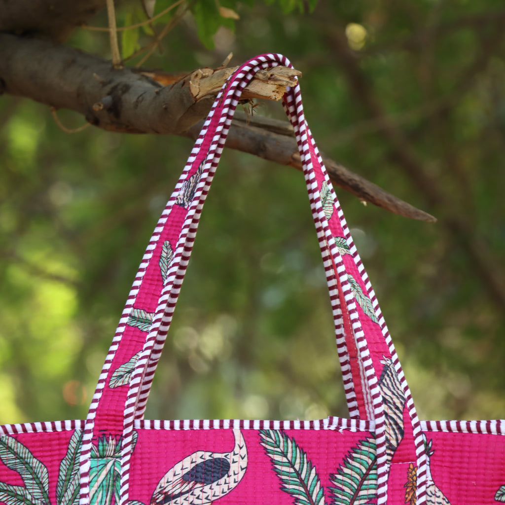 Pink Jungle Safari Print Tote Bag, Handmade Quilted Cotton Shoulder Bag, Animal Print Eco Friendly Reusable Market & Travel Tote