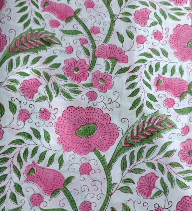 Pink Floral Hand Block Print Cotton Fabric – Soft White Base, Green Vine Pattern, Lightweight Indian Cotton for Dresses, Quilting & Crafts