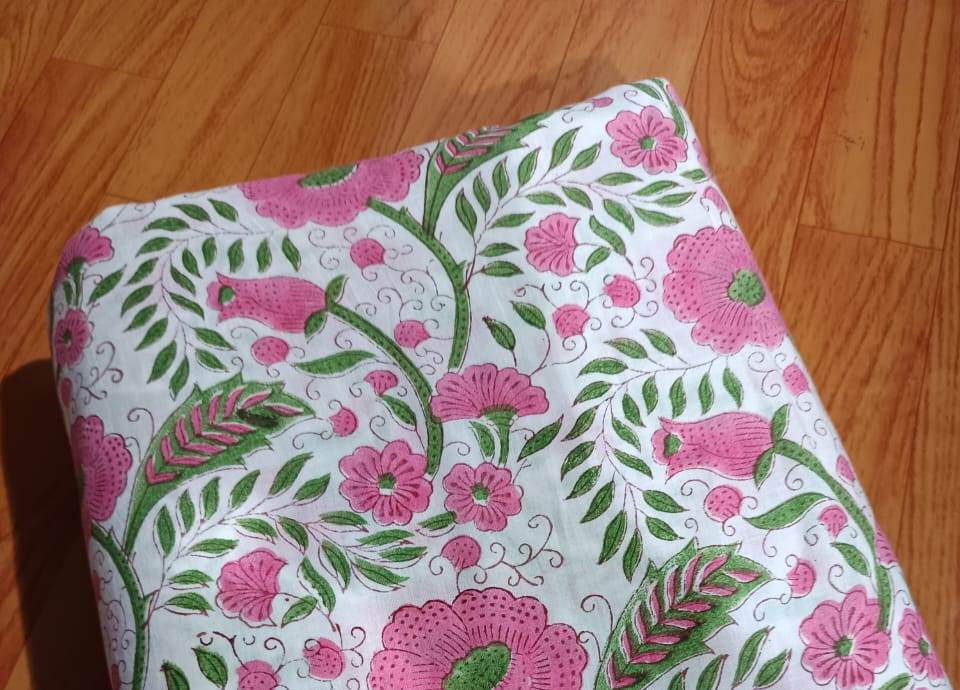 Pink Floral Hand Block Print Cotton Fabric – Soft White Base, Green Vine Pattern, Lightweight Indian Cotton for Dresses, Quilting & Crafts
