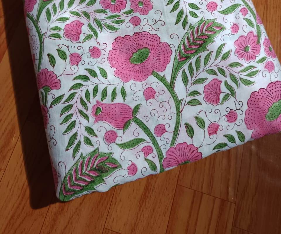 Pink Floral Hand Block Print Cotton Fabric – Soft White Base, Green Vine Pattern, Lightweight Indian Cotton for Dresses, Quilting & Crafts