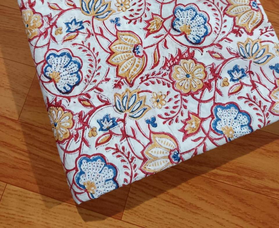 Floral Hand Block Print Cotton Fabric – Red, Mustard & Blue Botanical Pattern – Soft Breathable Fabric for Dresses, Quilting & Home Decor