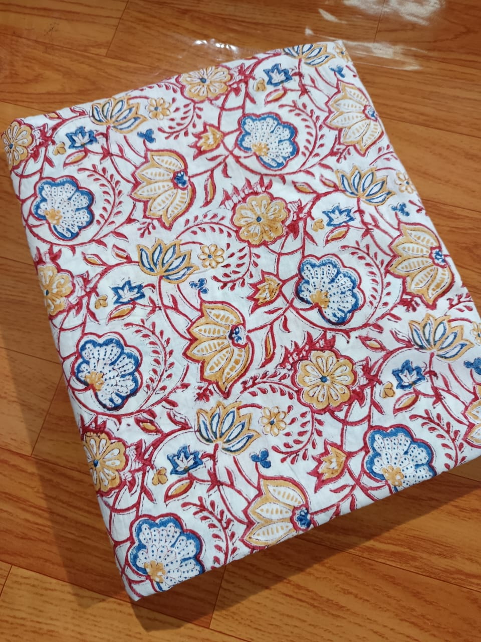 Floral Hand Block Print Cotton Fabric – Red, Mustard & Blue Botanical Pattern – Soft Breathable Fabric for Dresses, Quilting & Home Decor