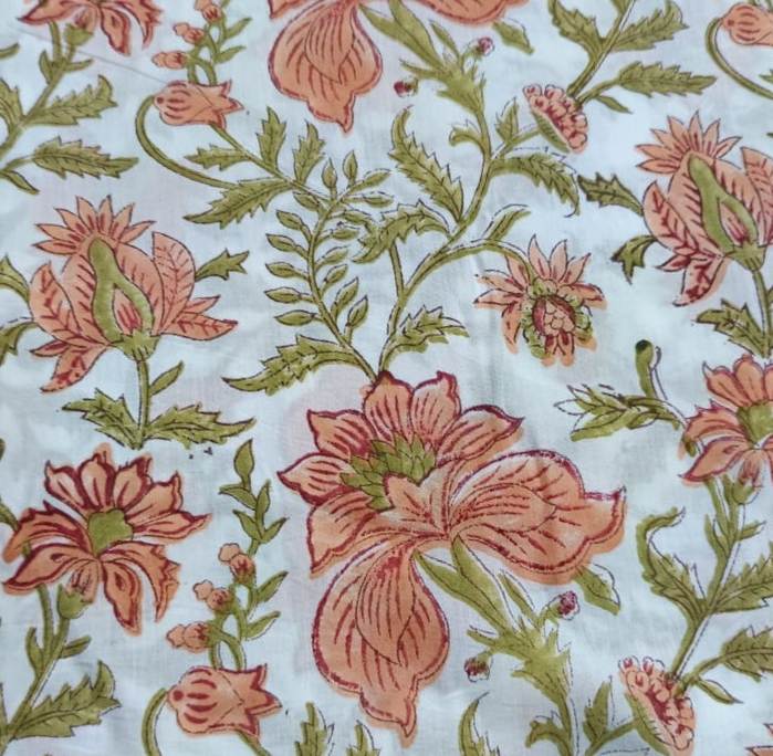 Peach Floral Hand Block Print Cotton Fabric – Soft White Base with Green Leaf Botanical Design – Lightweight Fabric for Dresses, Sewing & Home Decor