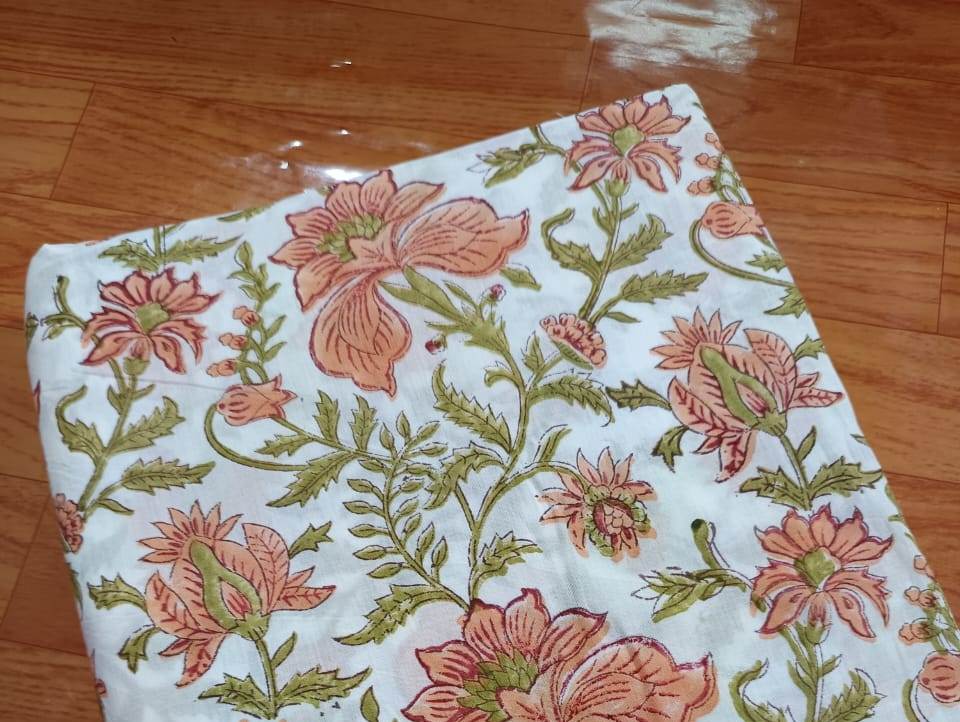 Peach Floral Hand Block Print Cotton Fabric – Soft White Base with Green Leaf Botanical Design – Lightweight Fabric for Dresses, Sewing & Home Decor