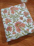Peach Floral Hand Block Print Cotton Fabric – Soft White Base with Green Leaf Botanical Design – Lightweight Fabric for Dresses, Sewing & Home Decor