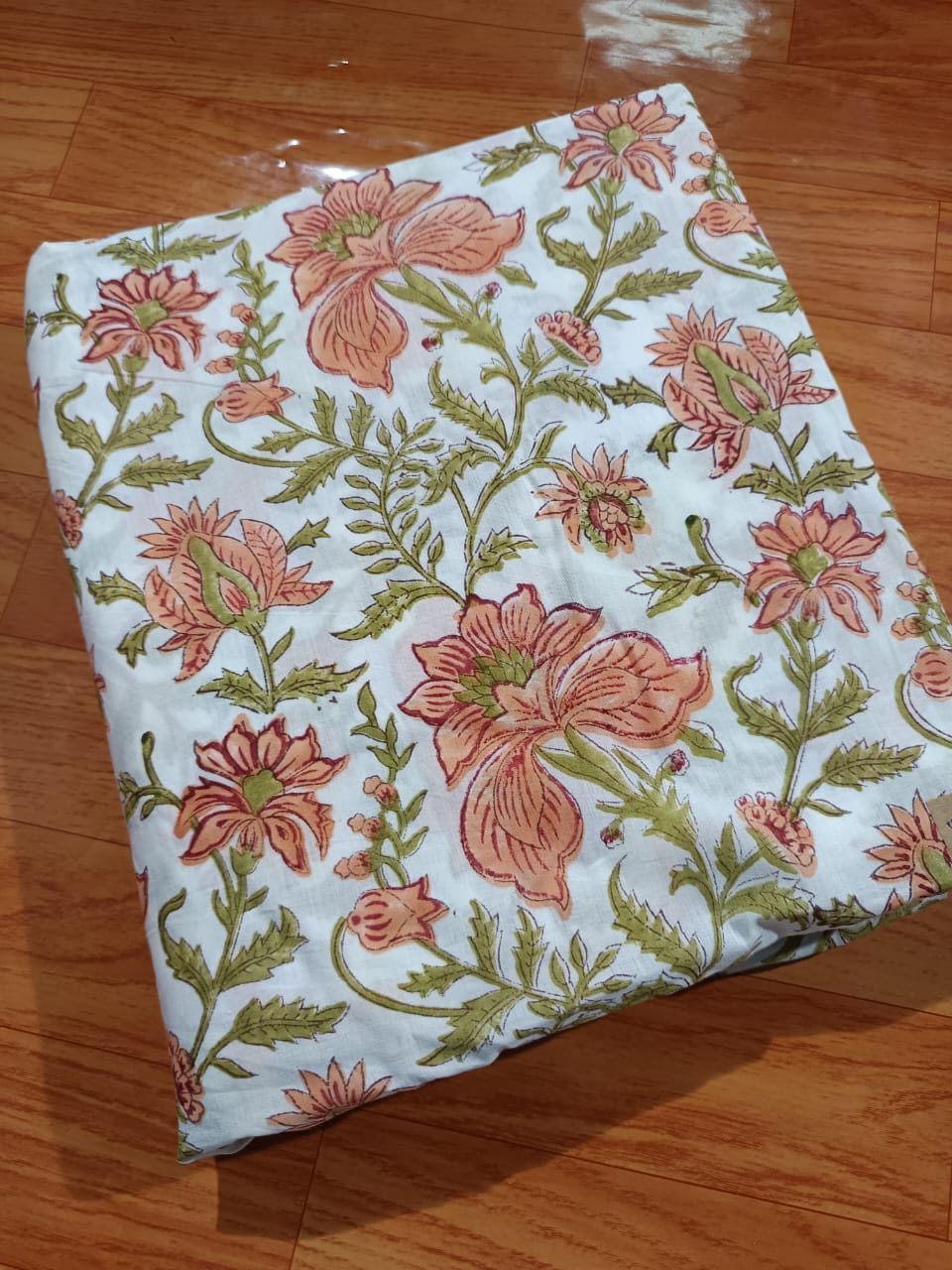Peach Floral Hand Block Print Cotton Fabric – Soft White Base with Green Leaf Botanical Design – Lightweight Fabric for Dresses, Sewing & Home Decor