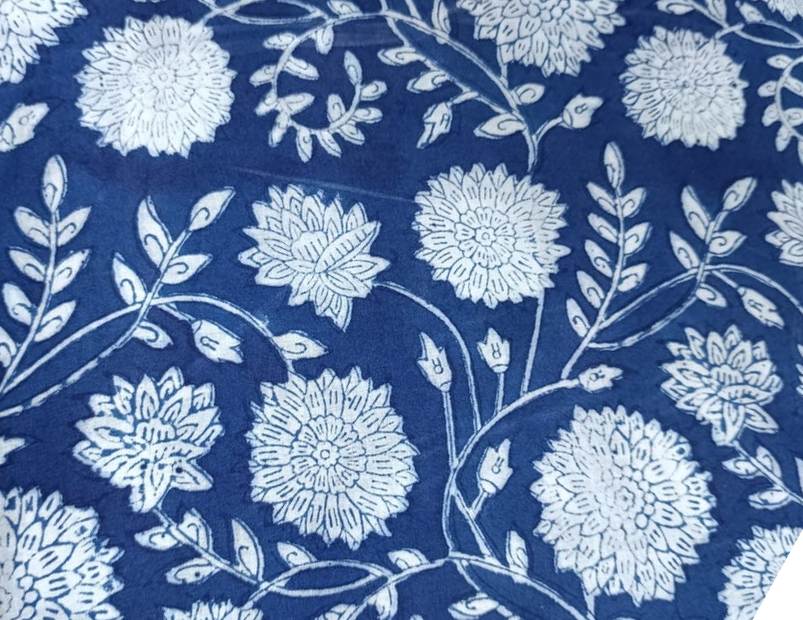 Indigo Blue Floral Hand Block Print Cotton Fabric – White Botanical Pattern – Soft Lightweight Fabric for Dresses, Quilting & Home Decor