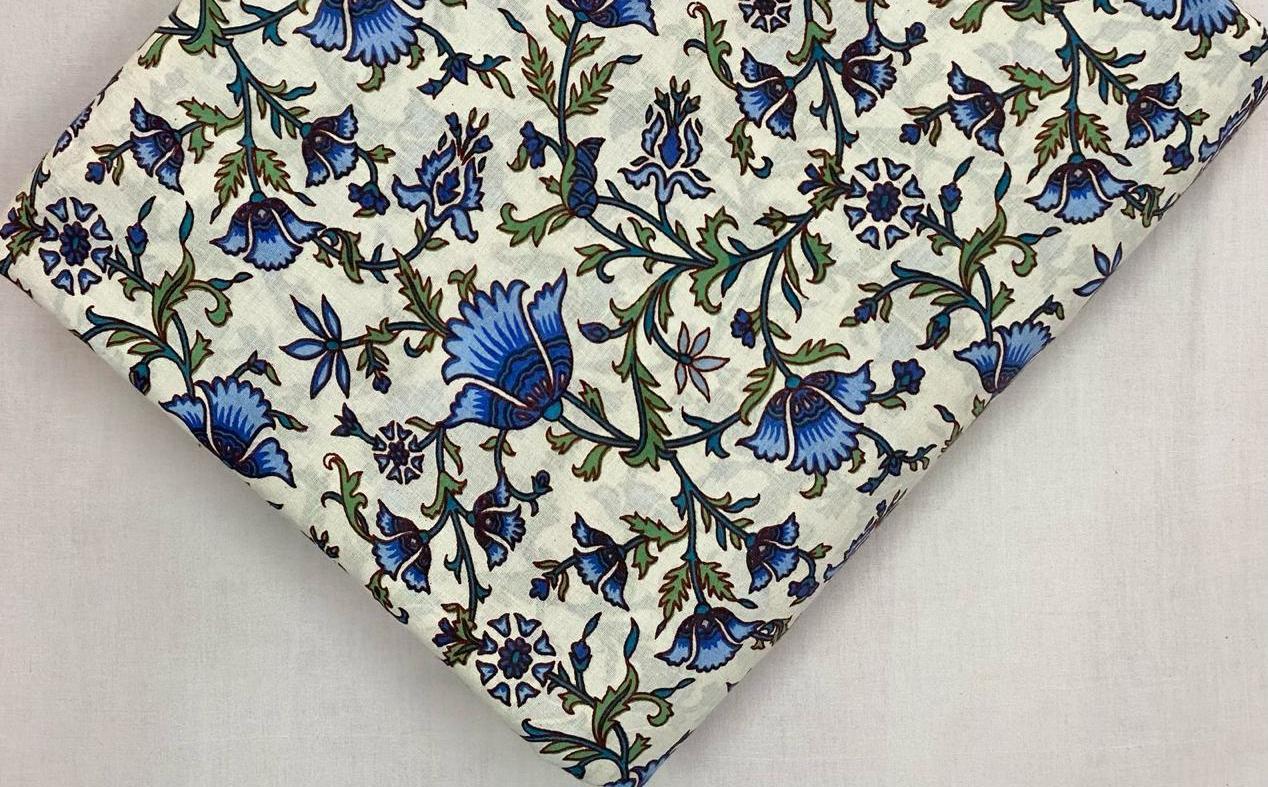 Blue Floral Cotton Fabric by Yard, Hand Block Print Cotton Fabric, White Base Botanical Fabric, Soft Sewing Quilting Dress Material