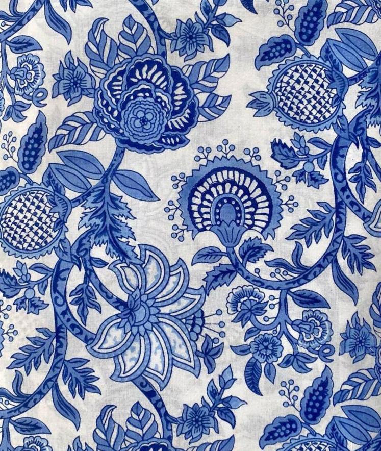 Blue & White Floral Cotton Fabric – Vintage Botanical Print Soft Breathable Dress Material & Craft Fabric