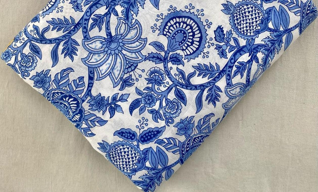 Blue & White Floral Cotton Fabric – Vintage Botanical Print Soft Breathable Dress Material & Craft Fabric