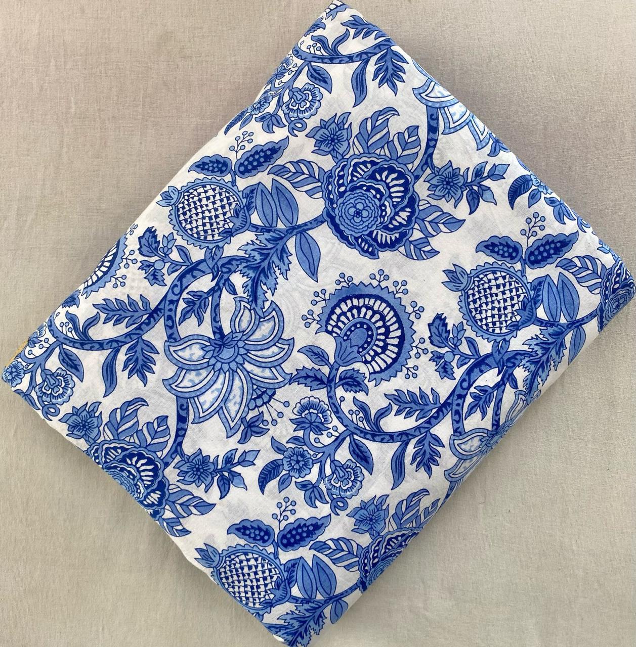 Blue & White Floral Cotton Fabric – Vintage Botanical Print Soft Breathable Dress Material & Craft Fabric