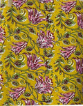 Yellow Pink Floral Cotton Fabric by Yard, Hand Block Print Cotton Fabric, Botanical Print Soft Fabric for Sewing Quilting Dress Material