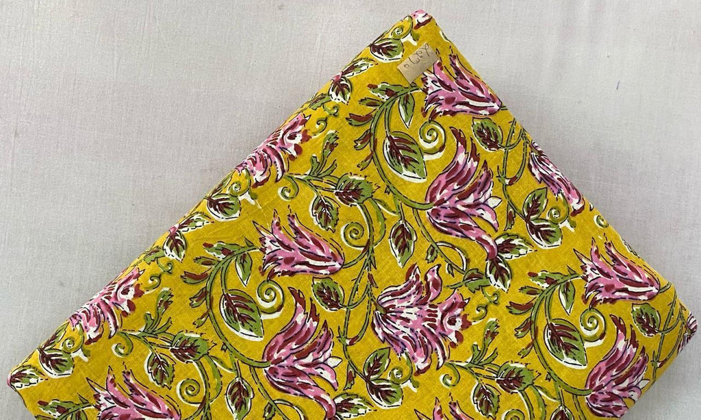 Yellow Pink Floral Cotton Fabric by Yard, Hand Block Print Cotton Fabric, Botanical Print Soft Fabric for Sewing Quilting Dress Material