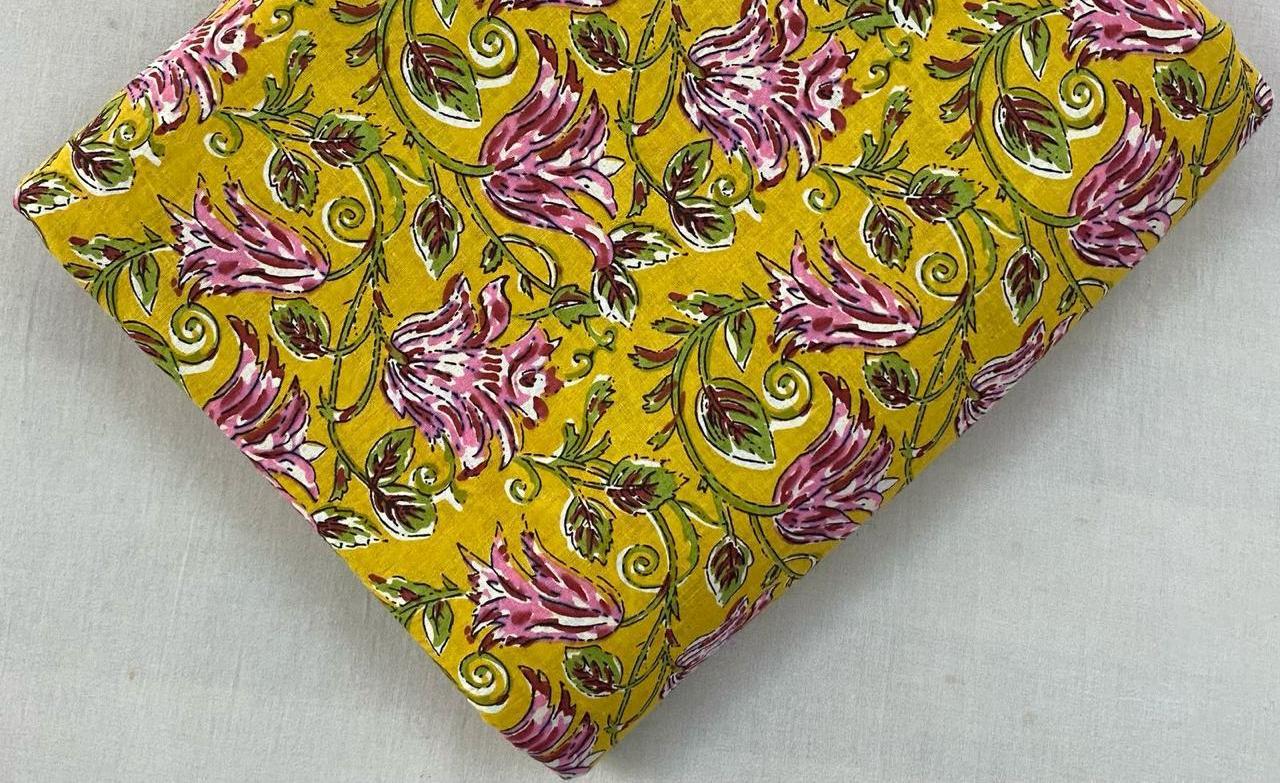 Yellow Pink Floral Cotton Fabric by Yard, Hand Block Print Cotton Fabric, Botanical Print Soft Fabric for Sewing Quilting Dress Material