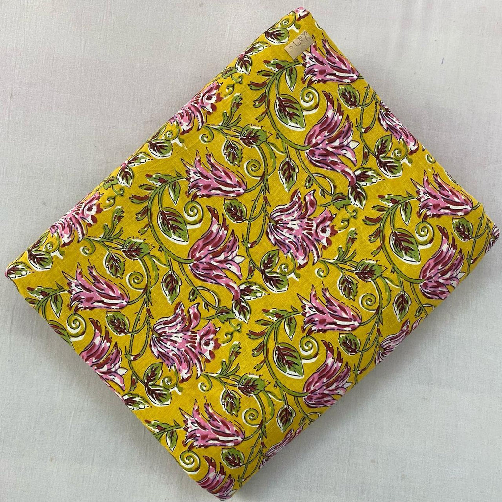 Yellow Pink Floral Cotton Fabric by Yard, Hand Block Print Cotton Fabric, Botanical Print Soft Fabric for Sewing Quilting Dress Material