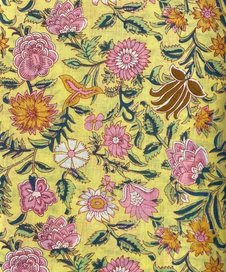 Yellow Floral Cotton Fabric – Vintage Garden Print with Pink Flowers & Green Leaves, Soft Lightweight Fabric for Dressmaking, Quilting & Crafts
