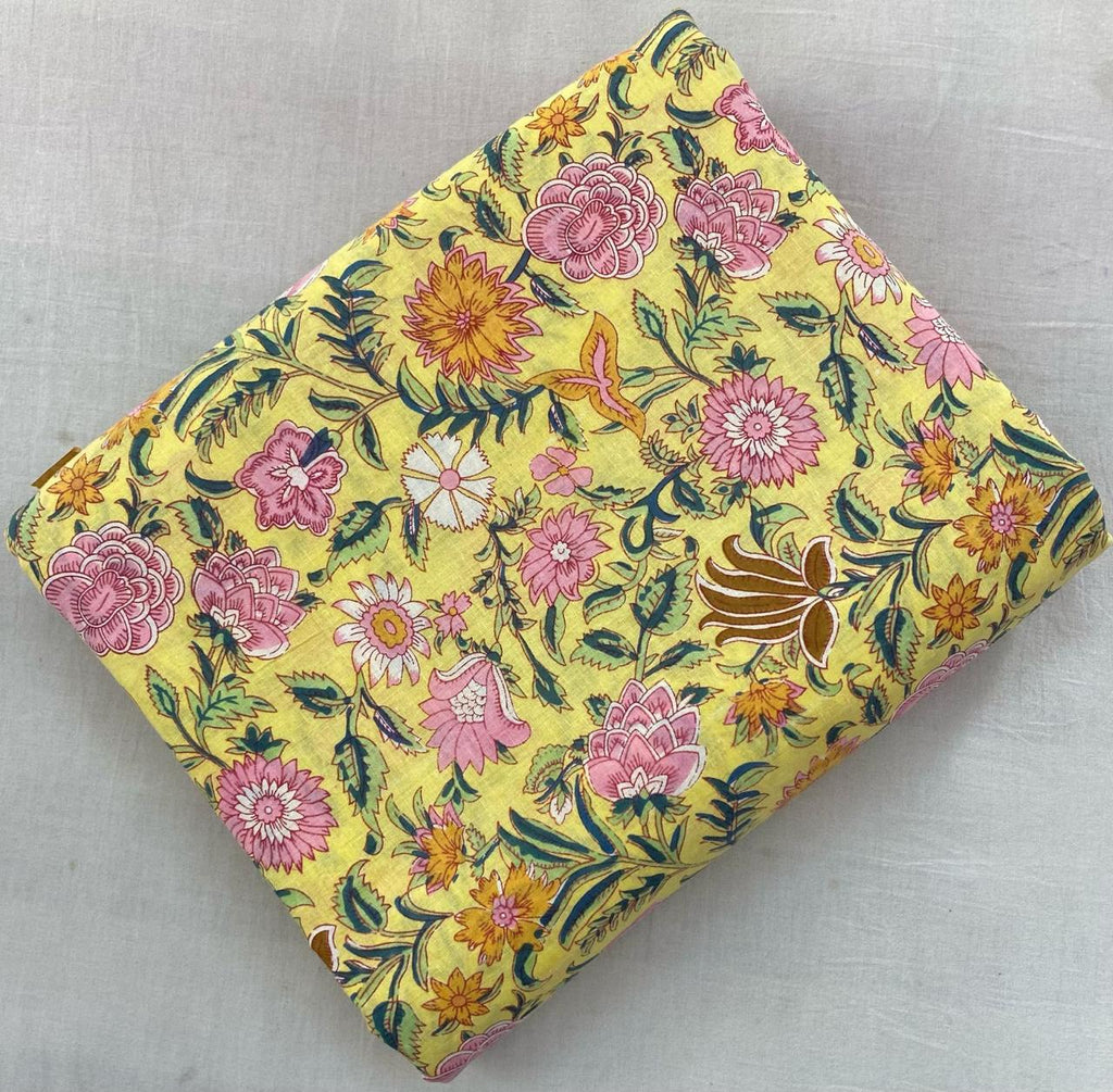Yellow Floral Cotton Fabric – Vintage Garden Print with Pink Flowers & Green Leaves, Soft Lightweight Fabric for Dressmaking, Quilting & Crafts