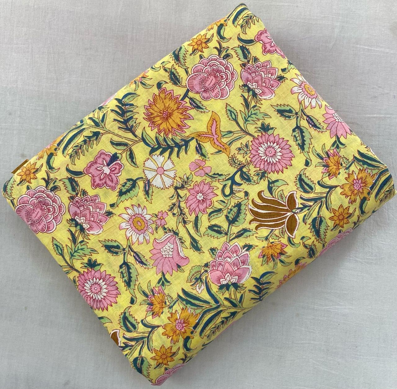 Yellow Floral Cotton Fabric – Vintage Garden Print with Pink Flowers & Green Leaves, Soft Lightweight Fabric for Dressmaking, Quilting & Crafts