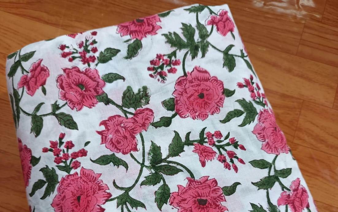 Pink Floral Cotton Fabric by Yard, Rose Print Cotton Fabric, White Background Fabric, Quilting Sewing Fabric, Dress Craft Material
