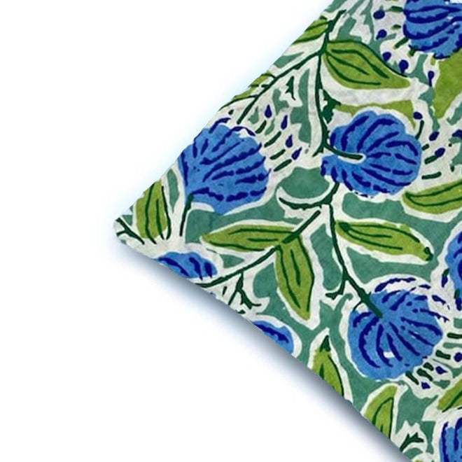 Green Blue Floral Cotton Cushion Cover, Handblock Print Pillow Cover, Botanical Throw Pillow Case, Boho Home Decor Cushion, Indian Handmade Sofa Decor