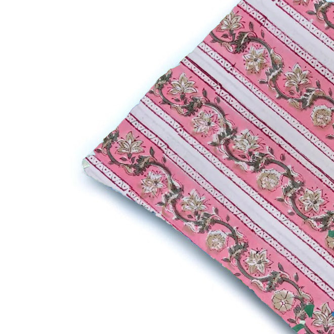 Pink Floral Stripe Cotton Cushion Cover, Handblock Print Pillow Cover, Boho Throw Pillow Case, Vintage Style Sofa Cushion, Indian Handmade Home Decor