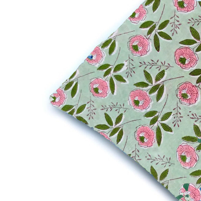 Hand Block Print Cushion Cover – Mint Green & Pink Floral Cotton Pillow Cover | Boho Decorative Throw Pillow Case