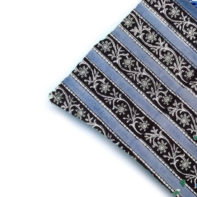 Hand Block Print Cushion Cover – Black & Blue Striped Floral Cotton Pillow Cover | Boho Decorative Throw Pillow Case