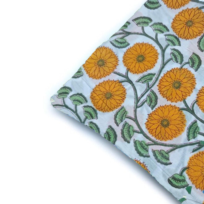 Yellow Floral Hand Block Print Cushion Cover, Cotton Throw Pillow Case, Indian Handmade Decorative Pillow, Boho Sofa Cushion