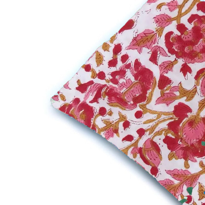Red Floral Block Print Cushion Cover – Handcrafted Botanical Throw Pillow Cover, Vintage Indian Style Home Decor