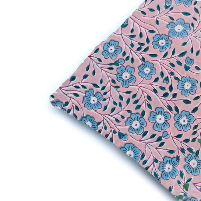 Pink Floral Hand Block Print Cushion Cover, Blue Flower Cotton Pillow Case, Handmade Indian Decorative Throw Pillow, Boho Home Decor