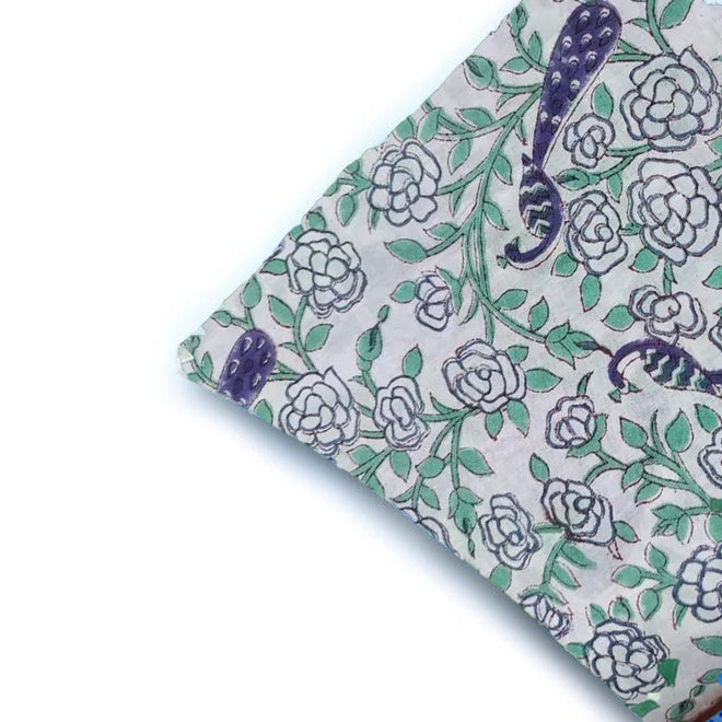 Peacock Floral Hand Block Print Cushion Cover, Cotton Decorative Pillow Case, Indian Handmade Boho Throw Pillow, Sofa Cushion
