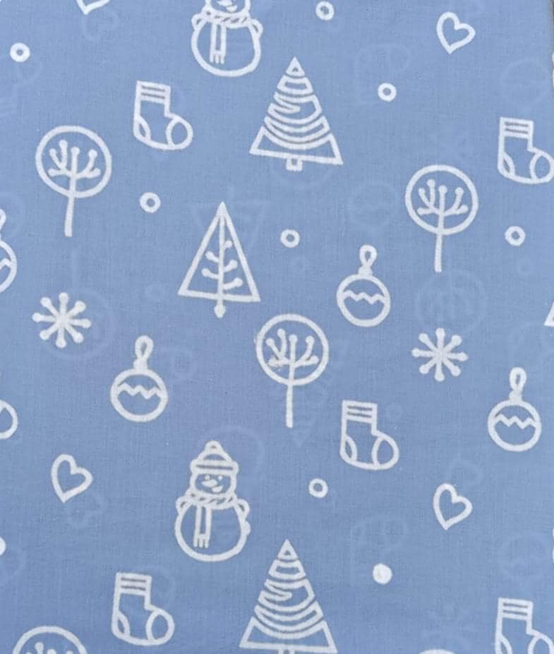 Blue Christmas Cotton Fabric, Holiday Print with Snowman, Tree & Ornaments, Winter Quilting, Sewing, Dressmaking Craft Material by the Yard