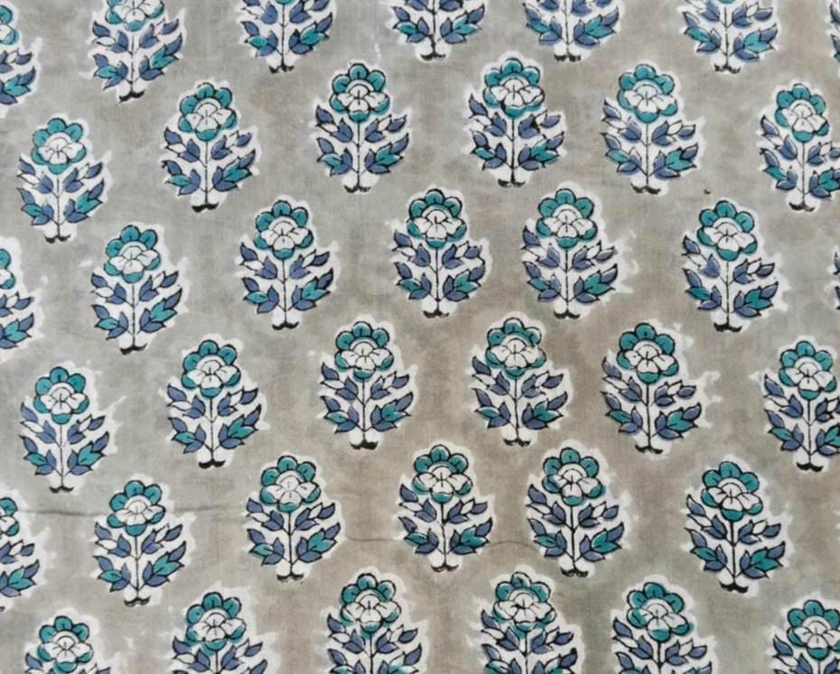 Grey Blue Cotton with Small Buti Floral Print Fabric, Hand Block Print Fabric by the Yard, Soft Indian Cotton for Quilting, Dressmaking
