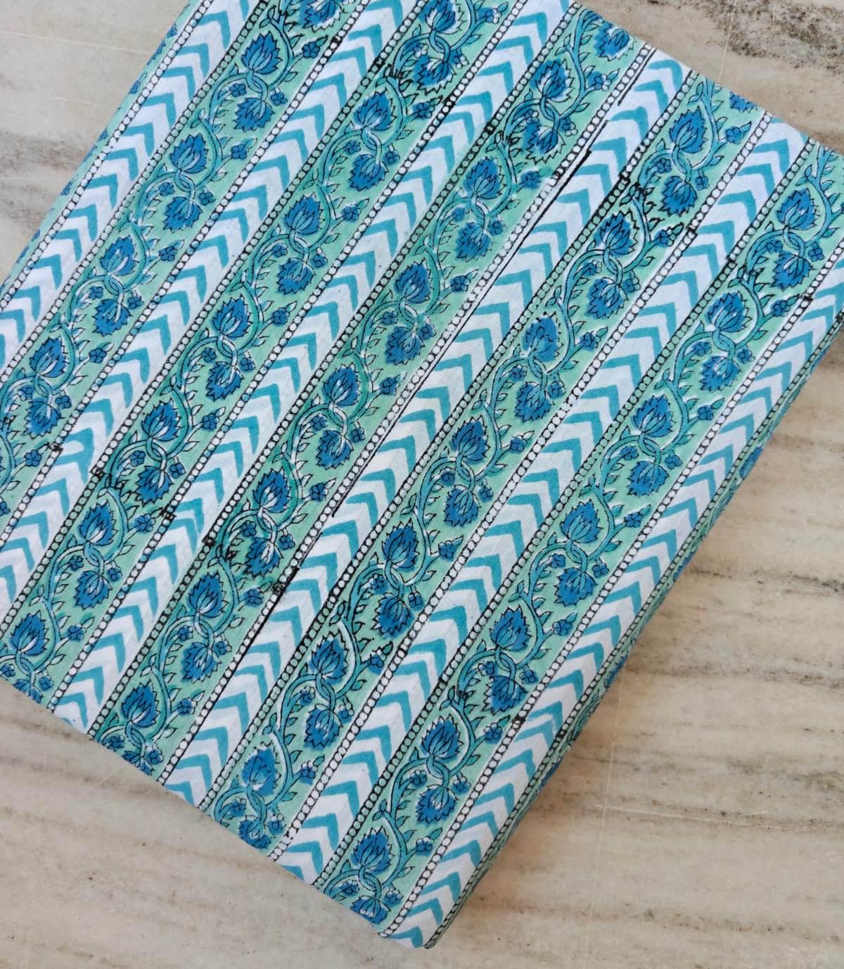 Turquoise Striped Cotton Fabric, Floral Border Print Fabric, Chevron Stripe Cotton, Blue Green Boho Fabric, Quilting Sewing Dress Napkins